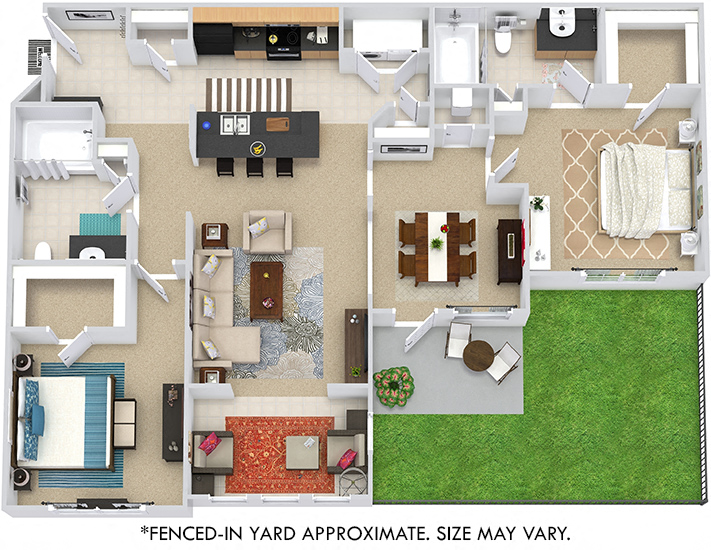Floor plan for 2 beds, 2 baths, 1243 sqft